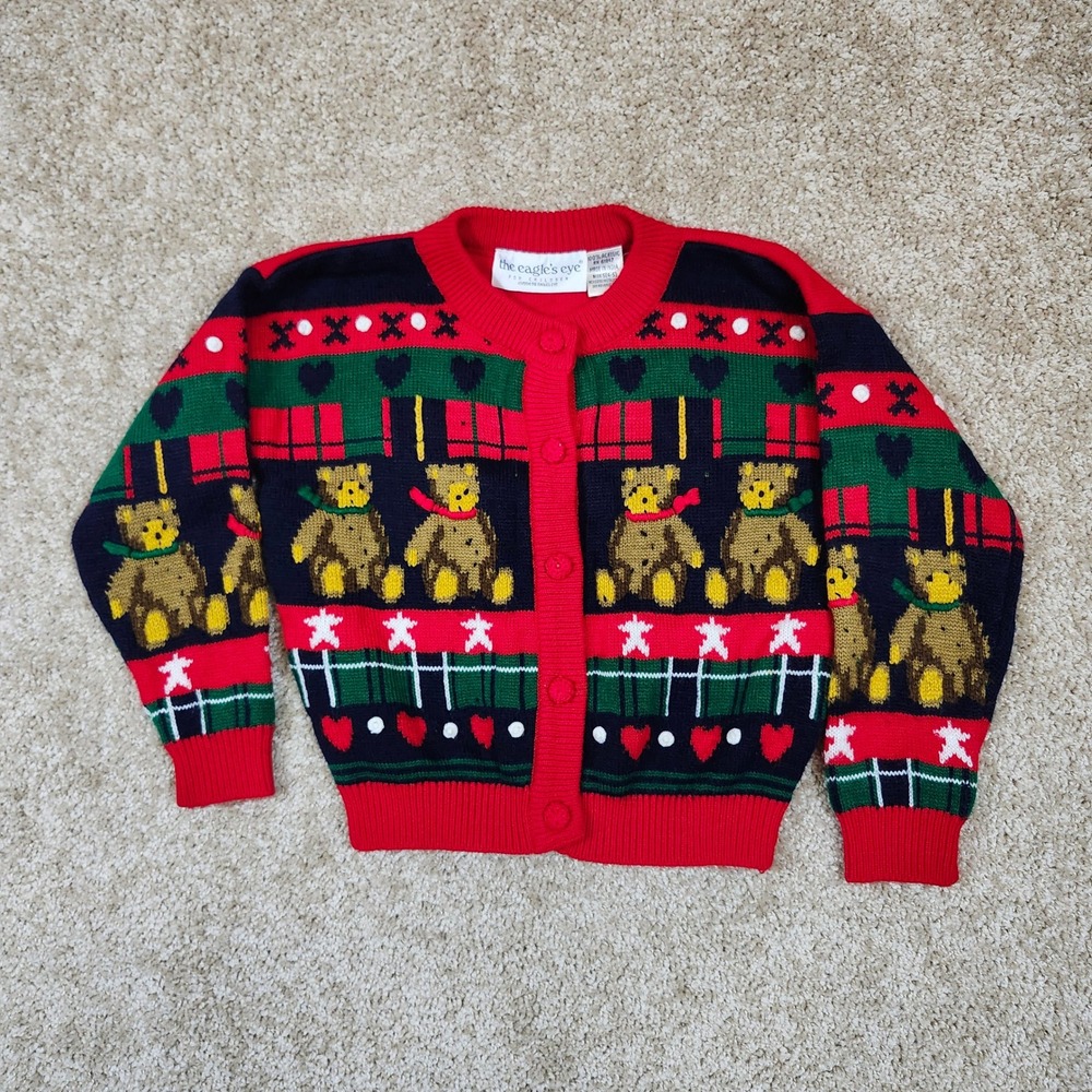 The Eagle's Eye Cardigan Sweater Teddy Bear Holiday Festive Vintage Kid Size 4-5